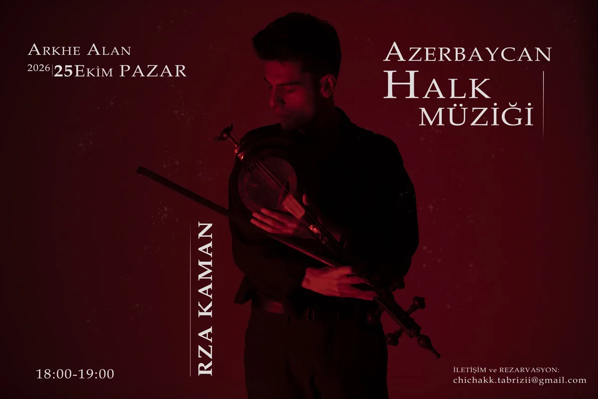 Rza Kaman konser afişi: kırmızı ışıkta kamança çalan müzisyen, Azerbaycan Halk Müziği, 25 Ekim Pazar